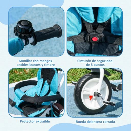 Triciclo Evolutivo para Niños +12 Meses con Toldo Plegable Mango de Empuje Telescópico y Cinturón de Seguridad Azul [3]