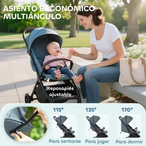 Carrito para Bebé Plegable Respaldo Reclinable Reposapiés Ajustable Capota Arnés de 5 Puntos Carga 15 kg Azul Oscuro [6]