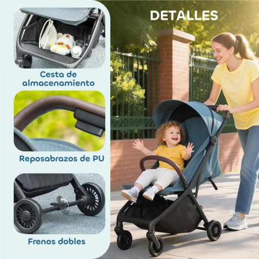 Carrito para Bebé Plegable Respaldo Reclinable Reposapiés Ajustable Capota Arnés de 5 Puntos Carga 15 kg Azul Oscuro [4]