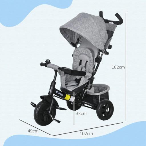 Triciclo para Bebés de +12 Meses con Mango de Empuje Telescópico y Desmontable Bolso para Mamá y Portabotellas Gris [5]
