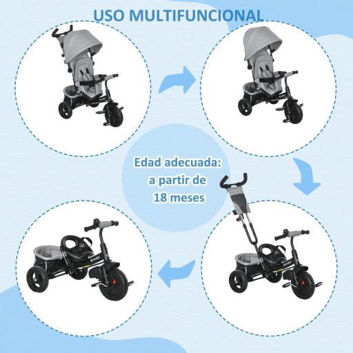 Triciclo para Bebés de +12 Meses con Mango de Empuje Telescópico y Desmontable Bolso para Mamá y Portabotellas Gris [1]