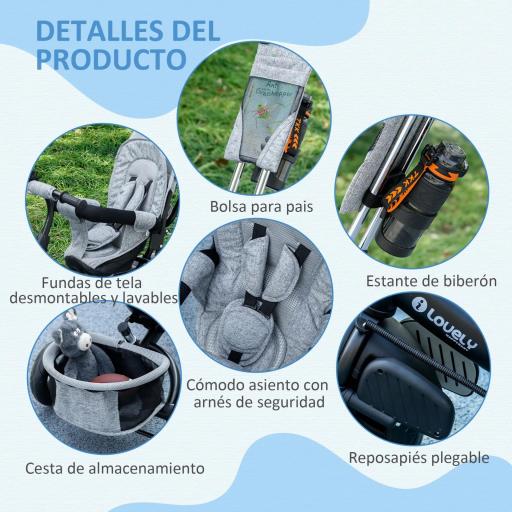 Triciclo para Bebés de +12 Meses con Mango de Empuje Telescópico y Desmontable Bolso para Mamá y Portabotellas Gris [2]