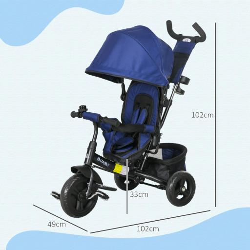 Triciclo para Bebés de +12 Meses con Mango de Empuje Telescópico y Desmontable Bolso para Mamá y Portabotellas Azul [4]
