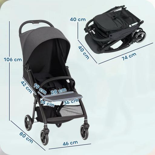 Carrito para Bebé Plegable con Respaldo Reclinable Reposapiés Ajustable Capota Cesta Arnés Carga 15 kg Gris Oscuro [1]