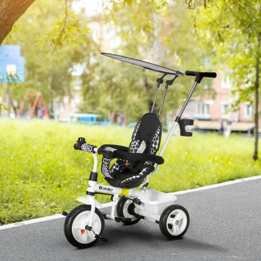 Triciclo para Bebés de +12 Meses con Toldo Plegable Mango de Empuje Telescópico y Desmontable y Portabotellas Blanco