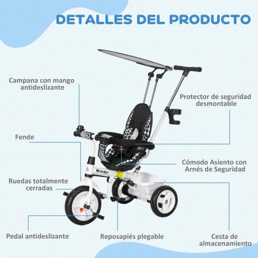 Triciclo para Bebés de +12 Meses con Toldo Plegable Mango de Empuje Telescópico y Desmontable y Portabotellas Blanco [5]