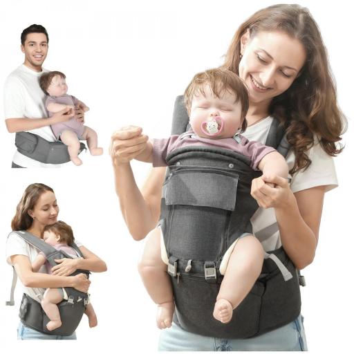 Mochila Portabebés de Recién Nacido hasta 36 Meses con Asiento Extraíble Cinturón Ajustable y Bolsillo Carga 15 kg Gris