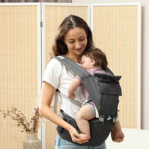 Mochila Portabebés de Recién Nacido hasta 36 Meses con Asiento Extraíble Cinturón Ajustable y Bolsillo Carga 15 kg Gris [1]