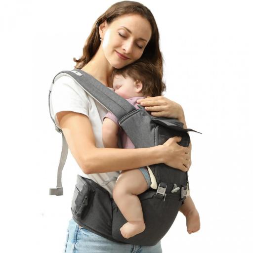 Mochila Portabebés de Recién Nacido hasta 36 Meses con Asiento Extraíble Cinturón Ajustable y Bolsillo Carga 15 kg Gris [3]