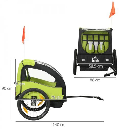 Remolque de Bicicleta para Niños +18 Meses con Cinturón de Seguridad Sistema de Amortiguador 140x88x90 cm Verde [1]