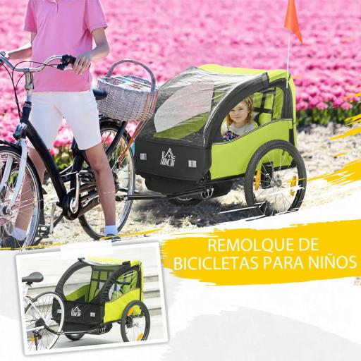 Remolque de Bicicleta para Niños +18 Meses con Cinturón de Seguridad Sistema de Amortiguador 140x88x90 cm Verde [2]