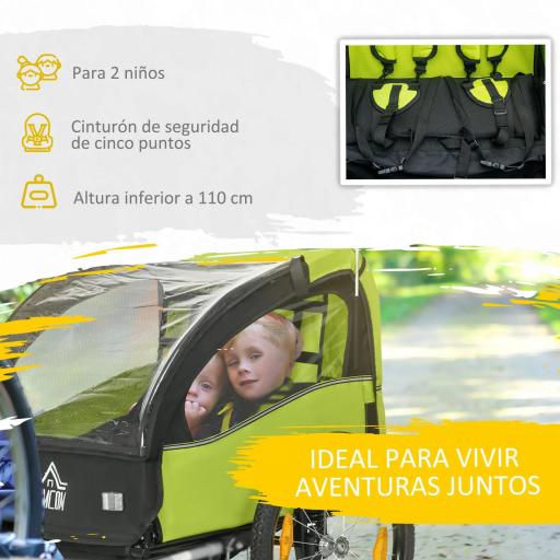 Remolque de Bicicleta para Niños +18 Meses con Cinturón de Seguridad Sistema de Amortiguador 140x88x90 cm Verde [4]