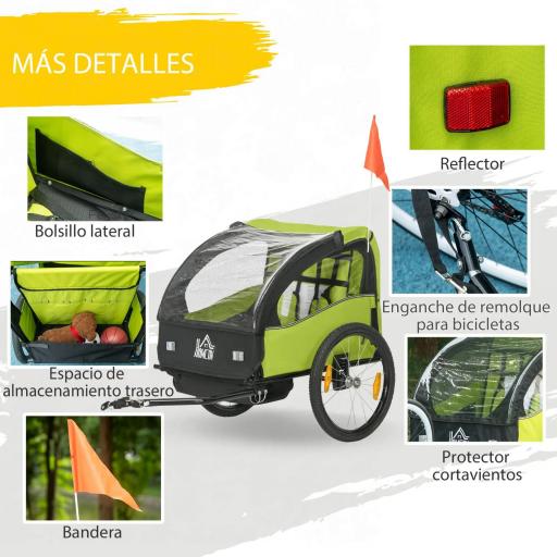 Remolque de Bicicleta para Niños +18 Meses con Cinturón de Seguridad Sistema de Amortiguador 140x88x90 cm Verde [5]