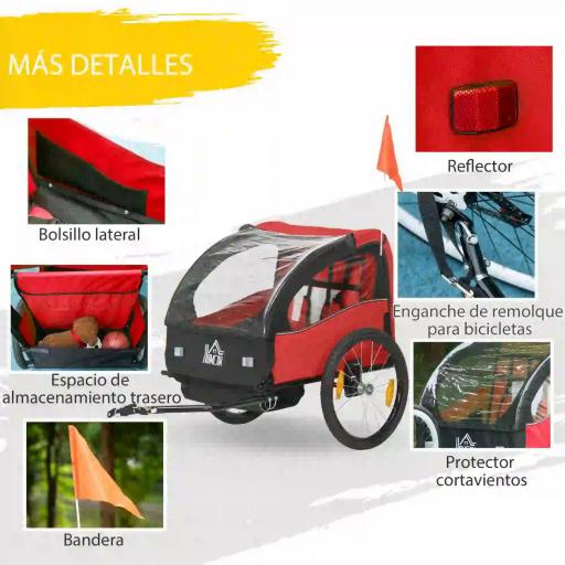 Remolque de Bicicleta para Niños +18 Meses con Cinturón de Seguridad Sistema de Amortiguador 140x88x90 cm Rojo [3]