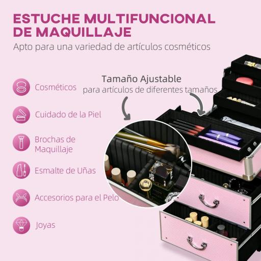Maleta de Maquillaje Profesional Estuche para Cosmética con 6 Cajones Extensibles y Cierre Llave 36x23x58cm Rosa [2]