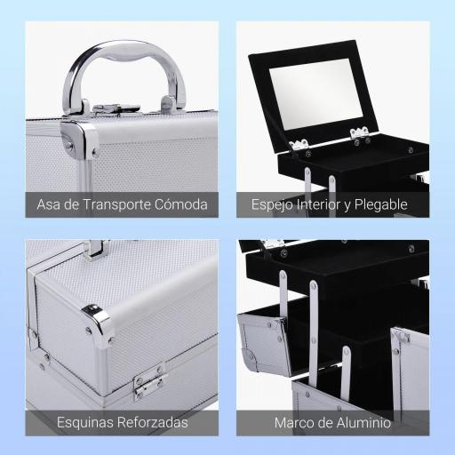 Maletín Maquillaje Profesional Estuche de Cosmético Portátil con Bandejas de 3 Niveles y Espejo 2 Llaves para Joyero Manicura Viaje 20x15x15 cm Plateado [3]