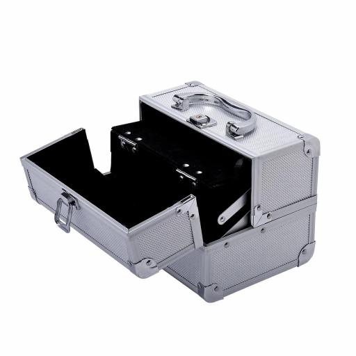 Maletín Maquillaje Profesional Estuche de Cosmético Portátil con Bandejas de 3 Niveles y Espejo 2 Llaves para Joyero Manicura Viaje 20x15x15 cm Plateado [5]