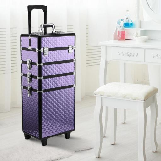 Maletín de Maquillaje Profesional con Ruedas Universales Distintos Niveles Asa Extensible Maletín Maquillaje Trolley Aleación de Aluminio 33.5x23x76/95.5 cm Violeta
