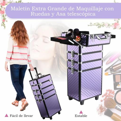 Maletín de Maquillaje Profesional con Ruedas Universales Distintos Niveles Asa Extensible Maletín Maquillaje Trolley Aleación de Aluminio 33.5x23x76/95.5 cm Violeta [3]
