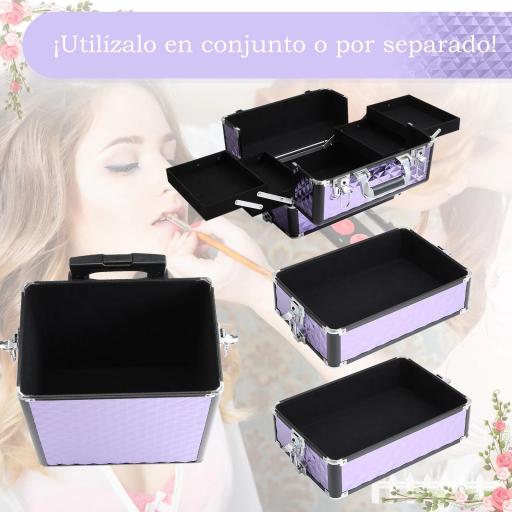 Maletín de Maquillaje Profesional con Ruedas Universales Distintos Niveles Asa Extensible Maletín Maquillaje Trolley Aleación de Aluminio 33.5x23x76/95.5 cm Violeta [5]