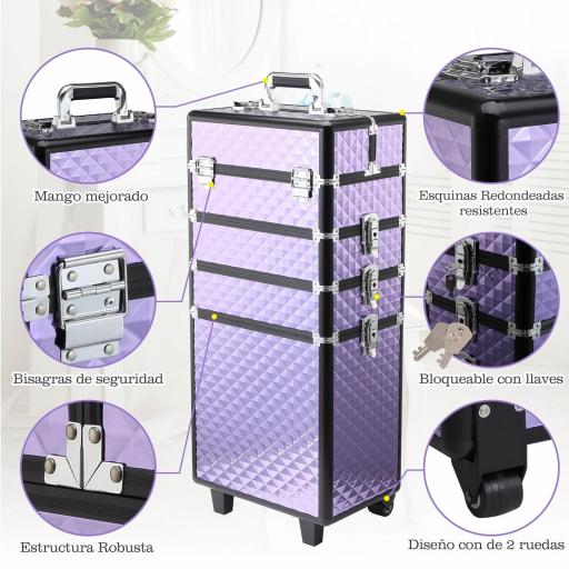 Maletín de Maquillaje Profesional con Ruedas Universales Distintos Niveles Asa Extensible Maletín Maquillaje Trolley Aleación de Aluminio 33.5x23x76/95.5 cm Violeta [2]