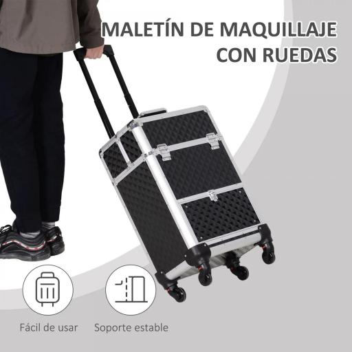 Maletín de Maquillaje Profesional con Cajón Maleta de Maquillaje con Ruedas para Viaje Trabajo 34x25x62 cm Negro [3]