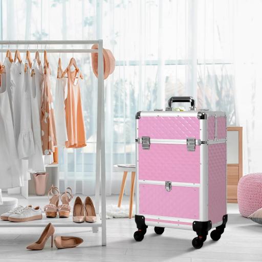 Maletín de Maquillaje Profesional con Cajón Maleta de Maquillaje con Ruedas para Viaje Trabajo 34x25x62 cm Rosa