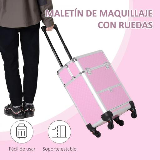 Maletín de Maquillaje Profesional con Cajón Maleta de Maquillaje con Ruedas para Viaje Trabajo 34x25x62 cm Rosa [2]