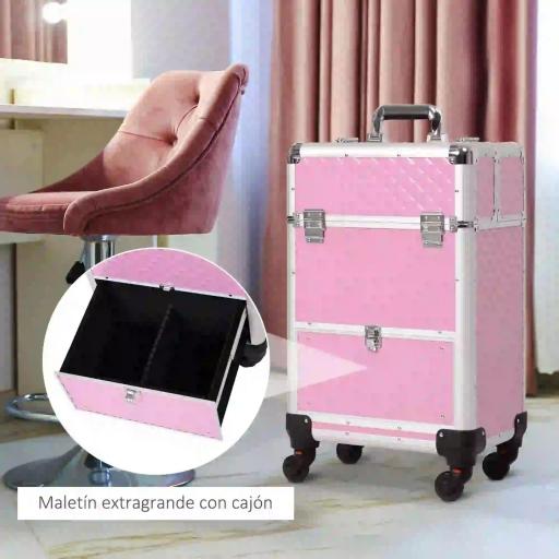 Maletín de Maquillaje Profesional con Cajón Maleta de Maquillaje con Ruedas para Viaje Trabajo 34x25x62 cm Rosa [3]