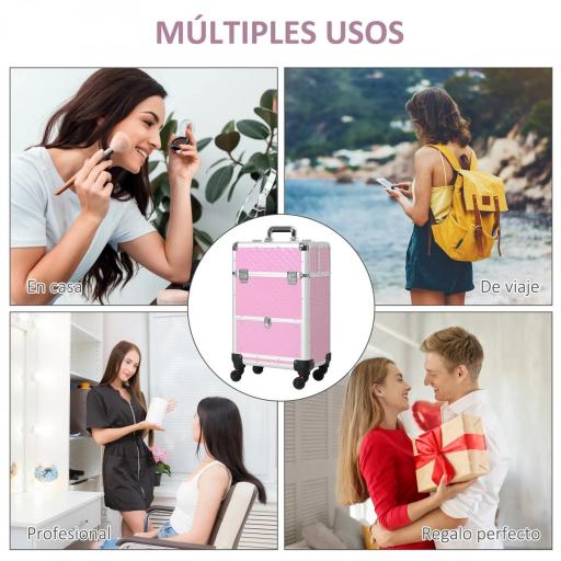 Maletín de Maquillaje Profesional con Cajón Maleta de Maquillaje con Ruedas para Viaje Trabajo 34x25x62 cm Rosa [5]