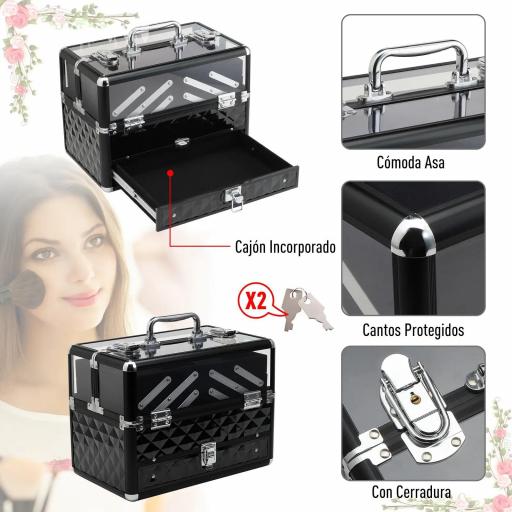 Maletín de Maquillaje Bisutería Organizador Cosméticos Portátil Múltiples Niveles Con Asa y Bandejas Desplegables Aleación de Aluminio 30x18,5x22 cm Transparente y Negro [4]