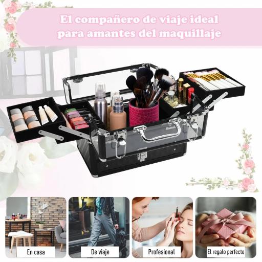 Maletín de Maquillaje Bisutería Organizador Cosméticos Portátil Múltiples Niveles Con Asa y Bandejas Desplegables Aleación de Aluminio 30x18,5x22 cm Transparente y Negro [5]