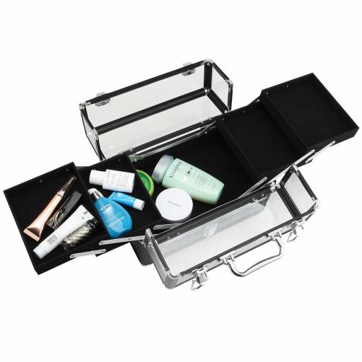 Maletín de Maquillaje Bisutería Organizador Cosméticos Portátil Múltiples Niveles Con Asa y Bandejas Desplegables Aleación de Aluminio 30x18,5x22 cm Transparente y Negro [6]
