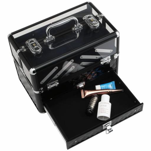 Maletín de Maquillaje Bisutería Organizador Cosméticos Portátil Múltiples Niveles Con Asa y Bandejas Desplegables Aleación de Aluminio 30x18,5x22 cm Transparente y Negro [7]