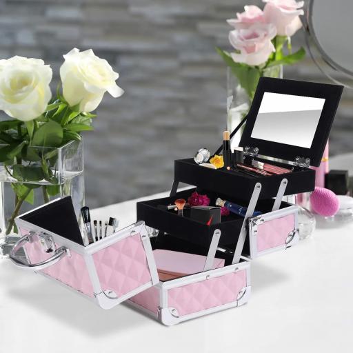 Maletín de Maquillaje Organizador Cosméticos Profesional Estuche de Maquillaje Caja de Belleza Portátil Con Espejo Cerradura Varios Compartimientos 20x15x15cm Aluminio