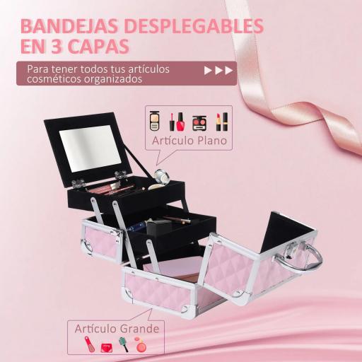 Maletín de Maquillaje Organizador Cosméticos Profesional Estuche de Maquillaje Caja de Belleza Portátil Con Espejo Cerradura Varios Compartimientos 20x15x15cm Aluminio [5]