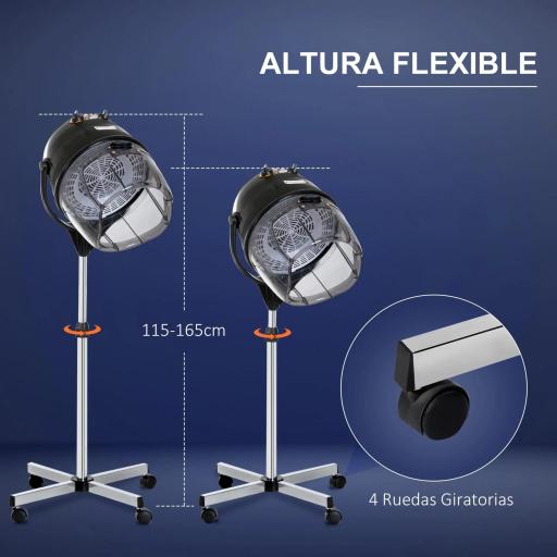 Secador de Casco Profesional 1180W con Altura Ajustable Temperatura Regulable Temporizador Capucha y Ruedas Negro [4]
