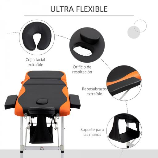 Camilla de Masaje Plegable y Portátil 210x81x62-85 cm Mesa Ajustable en Altura con Reposacabezas y Apoyabrazos para Tatuaje Fisioterapia Negro y Naranja [3]