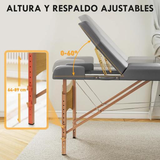 Camilla Masaje Plegable de Madera de 3 Zonas con Altura Respaldo Reposacabezas Ajustables Brazos 215x60x64-89 cm Gris [6]