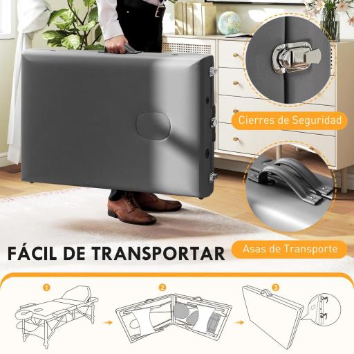Camilla Masaje Plegable de Madera de 3 Zonas con Altura Respaldo Reposacabezas Ajustables Brazos 215x60x64-89 cm Gris [3]