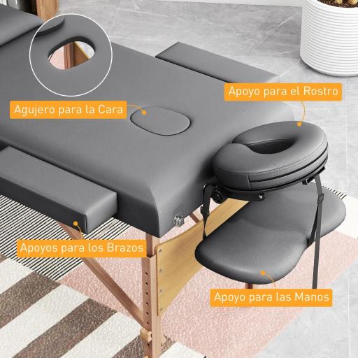 Camilla Masaje Plegable de Madera de 3 Zonas con Altura Respaldo Reposacabezas Ajustables Brazos 215x60x64-89 cm Gris [2]