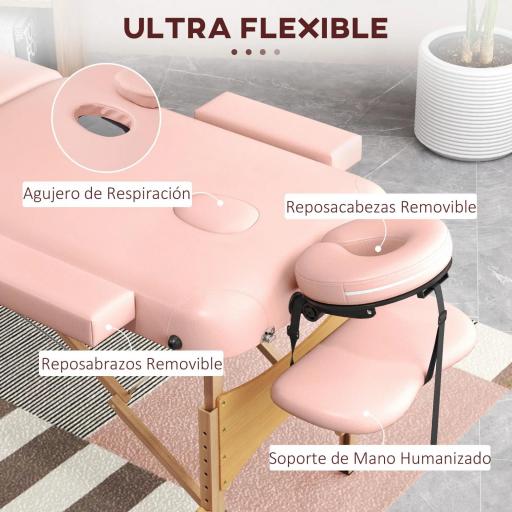 Camilla de Masaje Plegable con Reposacabezas Extraíble Asa Marco de Madera y Altura Regulable 210x81x67-92 cm Rosa [4]
