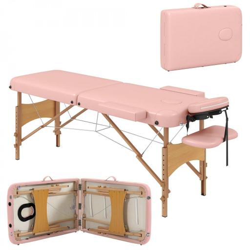 Camilla de Masaje Plegable con Reposacabezas Extraíble Asa Marco de Madera y Altura Regulable 210x81x67-92 cm Rosa [11]