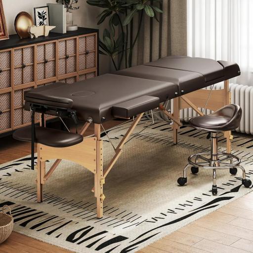 Camilla Masaje Plegable de Madera de 3 Zonas con Altura Respaldo Reposacabezas Ajustables Brazos 215x60x64-89 cm Marrón