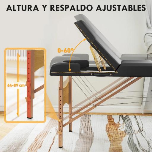 Camilla Masaje Plegable de Madera de 3 Zonas con Altura Ajustable Reposacabezas Reposabrazos 215x60x64-89 cm Negro [3]