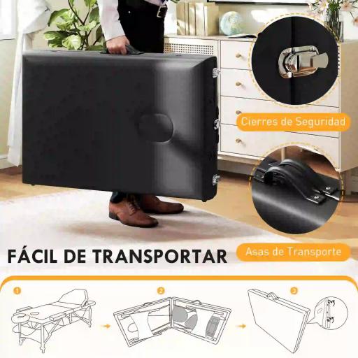 Camilla Masaje Plegable de Madera de 3 Zonas con Altura Ajustable Reposacabezas Reposabrazos 215x60x64-89 cm Negro [5]