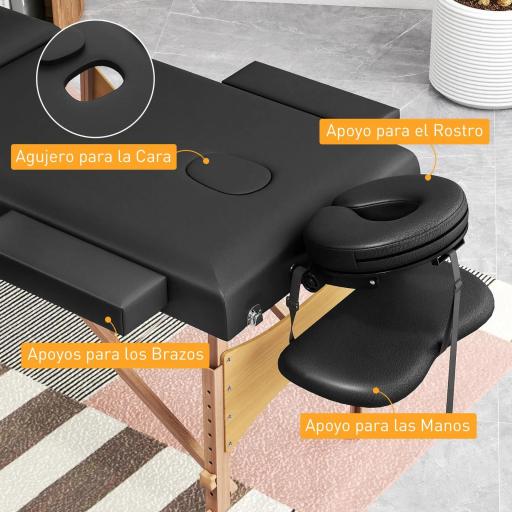 Camilla Masaje Plegable de Madera de 3 Zonas con Altura Ajustable Reposacabezas Reposabrazos 215x60x64-89 cm Negro [6]