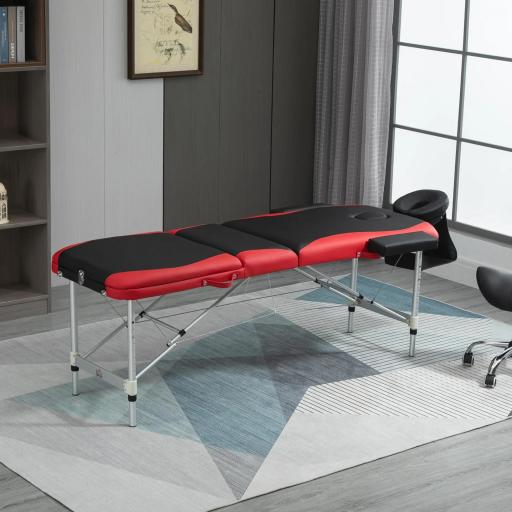 Camilla de Masaje Plegable y Portátil 210x81x62-85 cm Mesa Ajustable en Altura con Reposacabezas y Apoyabrazos para Tatuaje Fisioterapia Negro y Rojo