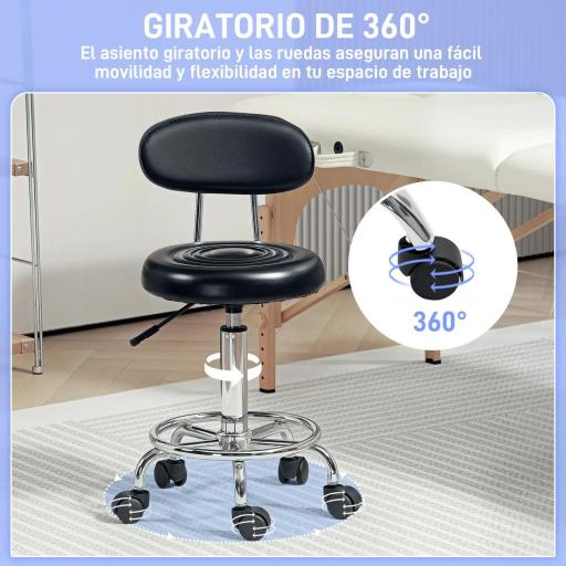 Taburete Giratorio con Respaldo y Ruedas Silla Ajustable para Salones de Belleza Estudio de Tatuajes 32x40x70-86cm Negro [1]