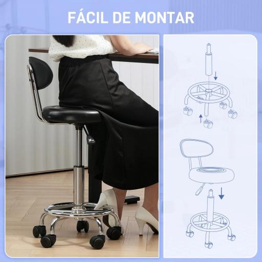 Taburete Giratorio con Respaldo y Ruedas Silla Ajustable para Salones de Belleza Estudio de Tatuajes 32x40x70-86cm Negro [3]